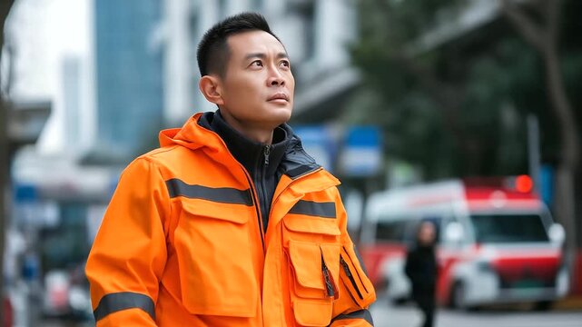Faceless Asian man in bright orange jacket looking up, paramedic portrait, emergency medical professional, with copy space