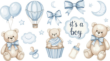 Cute watercolor it's a boy baby shower set teddy bears hot air balloon moon stars bow and cupcake illustration © Sukhi