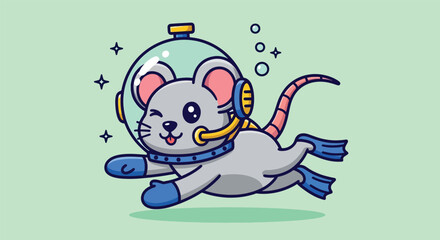 Cute Mouse Wearing Scuba Diving Helmet and Flippers. © NFS Studio
