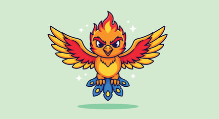 Obraz premium Cute Phoenix Bird with Fiery Feathers Cartoon Illustration.