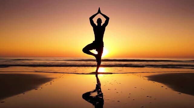 Silhouette of Man Practicing Yoga on Beach at Sunset Zoom in