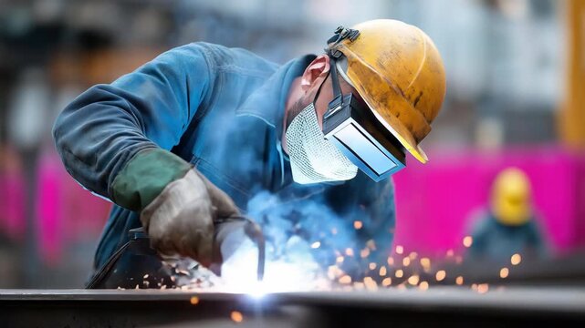 Skilled worker welding metal with sparks flying in industrial setting