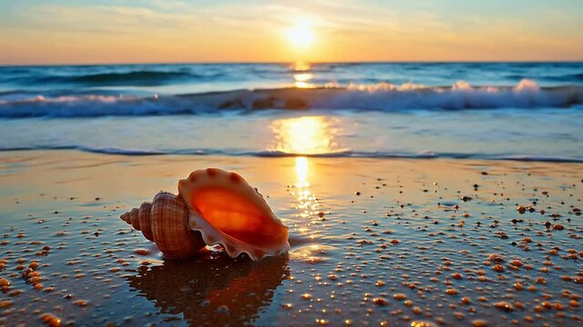 Seashell on beach at sunset