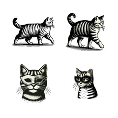 Fototapeta premium Black and White Striped Cats: Walking Poses and Masquerade Masks, Vintage Engraving Style