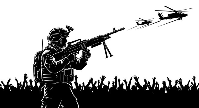 Soldier with Machine Gun and Helicopters Over Crowd