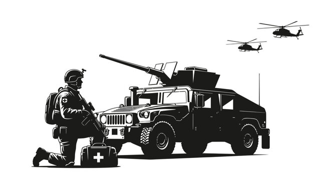 Soldier with medical kit and armored vehicle, helicopters overhead