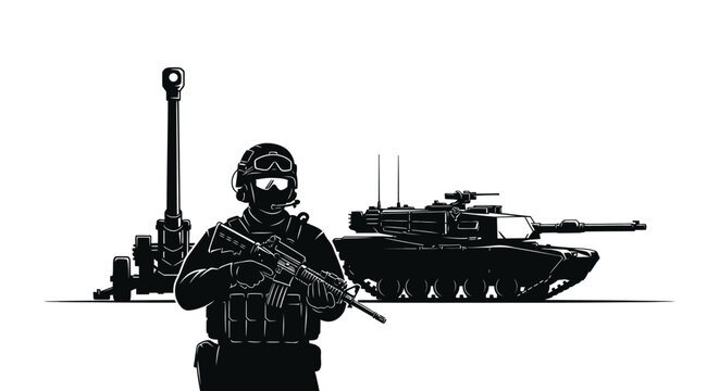 Soldier with Rifle, Tank, and Artillery Gun in Black and White