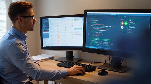 Man working on computer with dual monitors