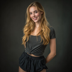 Fototapeta premium Modern studio portrait of a confident woman in black t-shirt outfit against dark background.