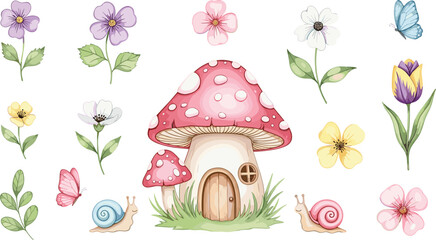 Cute mushroom house vector set with red toadstool home colorful spring flowers butterflies and snails for whimsical fairy garden nursery wall art. © Sukhi