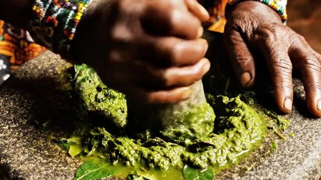 Macro shot of a traditional healer grinding green medicinal herbs in a heavy stone mortar and pestle, cinematic overhead lighting.