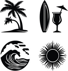 Minimal abstract vector illustration of tropical beach icons palm tree surfboard cocktail waves sun elegant outline design symbolizing summer vacation