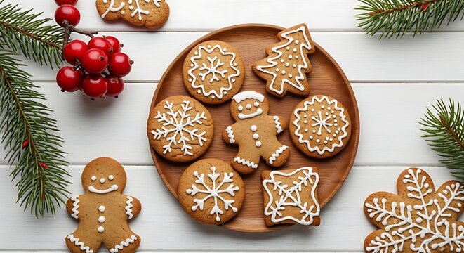Festive gingerbread cookies on wooden plate christmas holiday concept