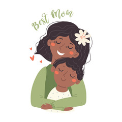 Naklejka premium A happy African American mother hugs her son. Illustration for Mother's Day, motherhood and childcare.
