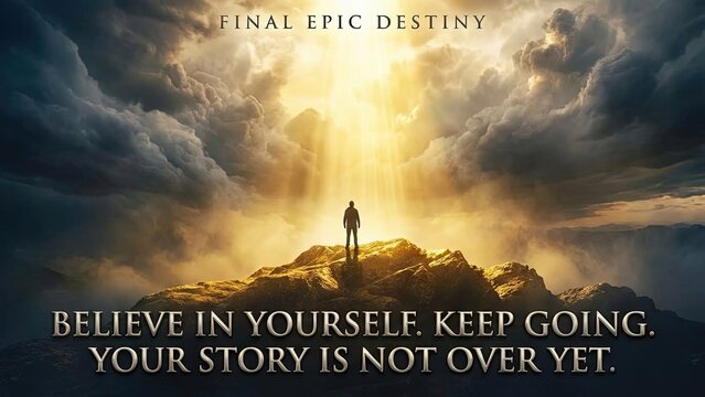 Man Silhouetted on Mountain Peak Under Epic Dramatic Sunlight Rays, Symbolizing Final Destiny and Unwavering Faith