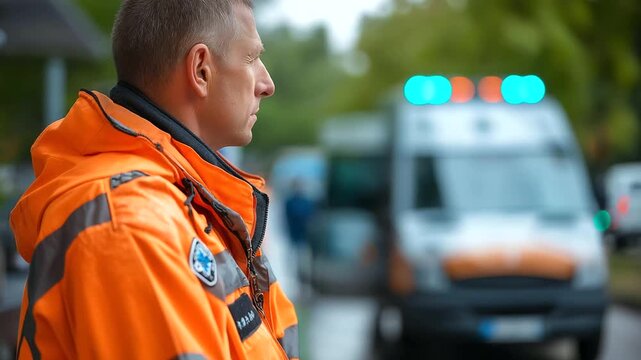 Faceless man in bright orange jacket, defocused ambulance van background, paramedic worker scene, emergency medical services, with copy space
