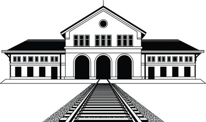 Historic railway station building with train tracks perspective, classic transport architecture vector illustration for travel, railway infrastructure and transit © Nayan