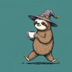 Fototapeta premium Whimsical Sloth Wizard: Hand-Drawn Style Illustration of a Cartoon Sloth Walking with Coffee on Teal Background