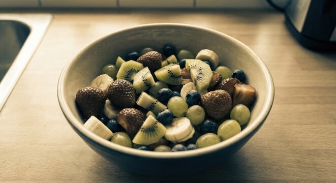 Fruit bowl on kitchen counter with protanopia simulation