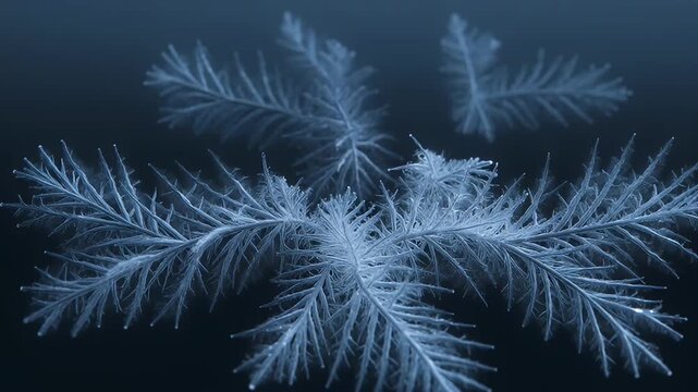 Intricate ice crystals with delicate branch like structures against a dark background