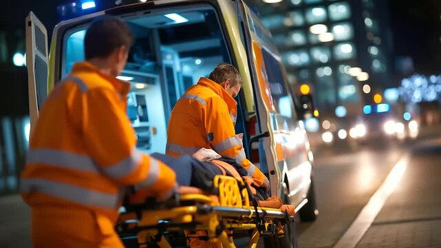 Faceless paramedics in orange uniforms loading injured person on stretcher into ambulance van, night street scene, emergency response, with copy space