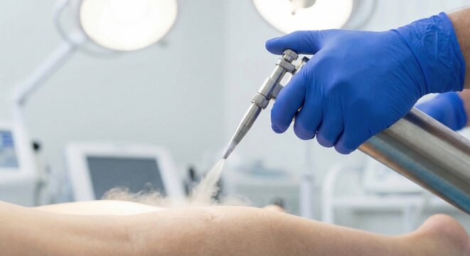 Dermatologist using cryotherapy device for skin treatment