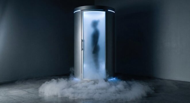 Silhouette of person in modern whole-body cryotherapy chamber