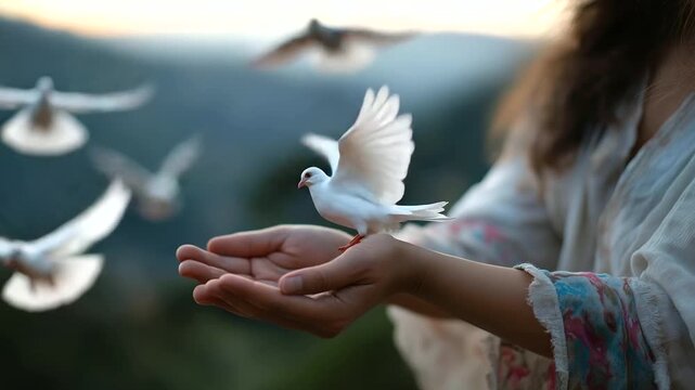 Faceless person gently releasing white doves from hand, defocused beautiful natural background, peace ceremony, freedom symbolism, spiritual gesture, with copy space