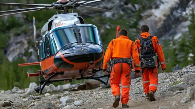 Faceless people in orange uniforms paramedics or mountain rescue service walking towards landed helicopter at rocky terrain, with copy space
