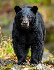 Front-facing black bear, glossy fur, alert expression in a natural, leafy forest environment