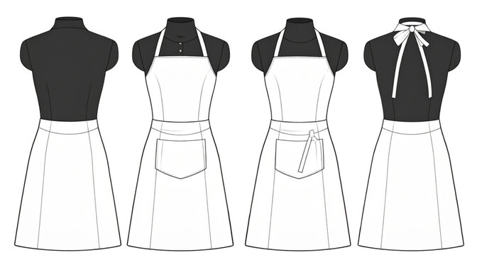 White apron technical flat sketch vector set with front and back views on mannequin for cafe restaurant uniform design, professional kitchen apparel template including pocket details and neck ties