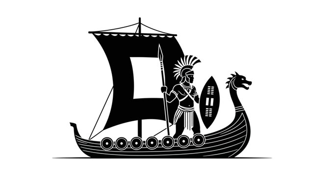 Ancient Greek Warrior on Viking Ship Silhouette, Spear and Shield, Dragon Head