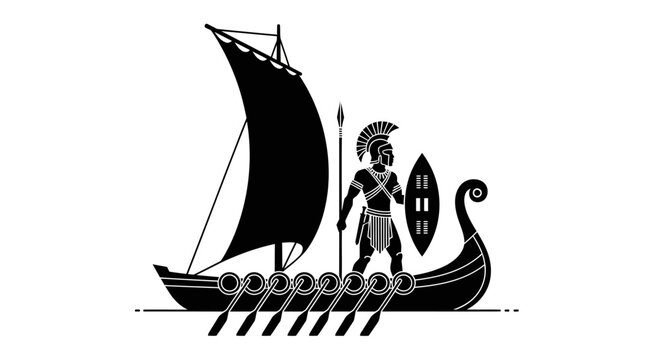 Ancient Greek Warrior on Trireme Ship with Spear and Shield, Sailing