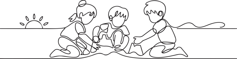 Obraz premium Summer beach kids playing sand in contouring. one line art icon drawing vector