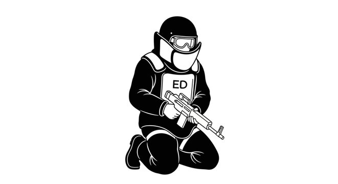 Bomb Disposal Expert in Protective Suit with Rifle Kneeling