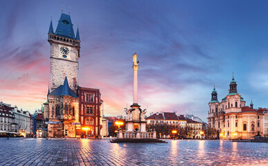 Fototapeta premium Tower of Old Town City Hall at Old Town Square, UNESCO, Old Town, Prague, Czech Republic (Czechia), Europe