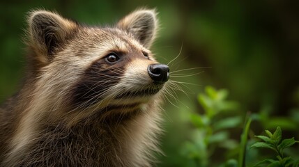 Fototapeta premium Raccoon gazes upward with curious, soft, natural light