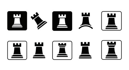 Set of black and white chess rook icons in various orientations and styles displayed on a clean white background © Adam