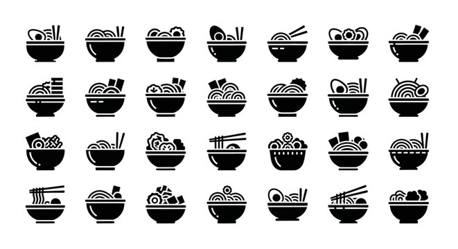 Assorted bowls of noodles and soup with various toppings and chopsticks displayed in a grid pattern