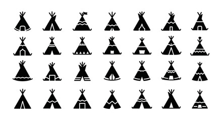 Collection of various teepee icons displayed in a grid pattern on a simple background viewed from directly above © Adam