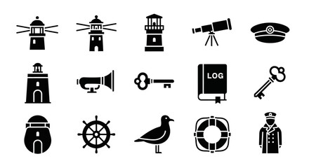 A collection of maritime icons including lighthouses, navigation tools, and seagull, symbolizing coastal navigation and safety measures from a straightforward viewpoint © Adam