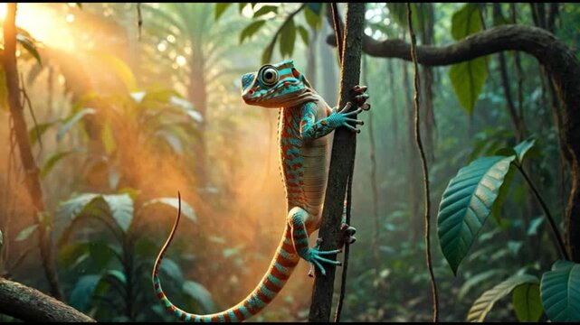 Colorful turquoise and orange lizard resting on a green leaf during a tropical rain shower in the jungle