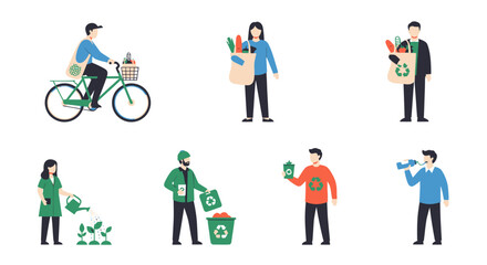 People engaging in eco-friendly sustainable lifestyle activities illustrations.