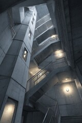 Fototapeta premium Brutalist concrete stairwell interior with layered metal railings and dramatic lighting for architectural design poster background and urban concept