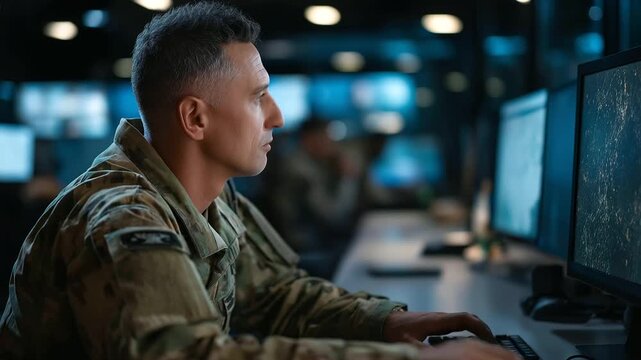 Faceless senior military analyst in uniform reviewing satellite imagery on dual screens, defocused modern war room setting with blue-toned lighting, intelligence operations, with