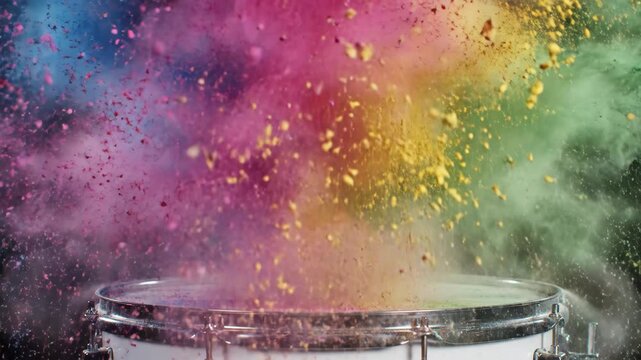Drumstick Hitting Snare Drum with Colorful Holi Powder Explosion Slow Motion