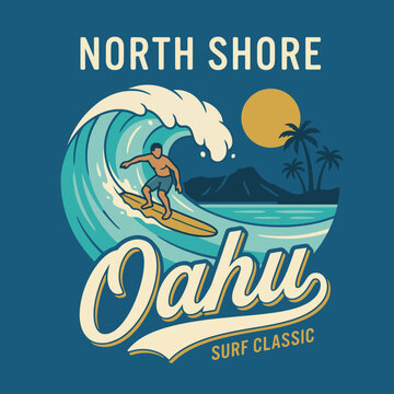This thrilling illustration captures the essence of surfing at Oahu's North Shore, showcasing vibrant waves, palm trees, and the adventurous spirit of the ocean.