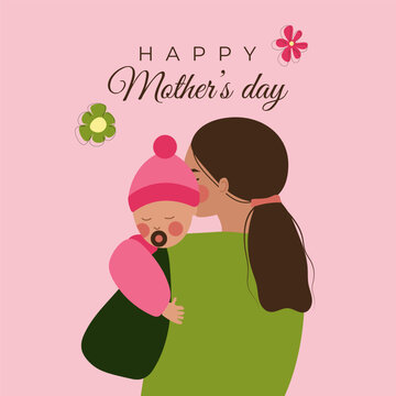 A card or poster design featuring a mother holding a small baby girl. Mother and daughter. A vibrant mother and child design. Mother's Day card