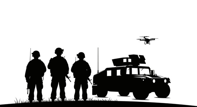 Military Drone Surveillance with Soldiers and Humvee Silhouette