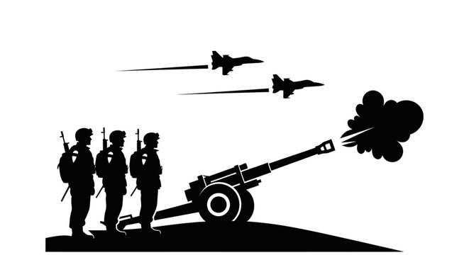 Military forces in action: soldiers, artillery firing, fighter jets flying